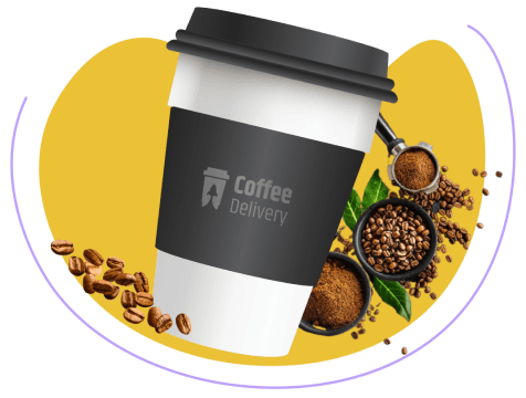 Imagem de um copo de café com graos atras